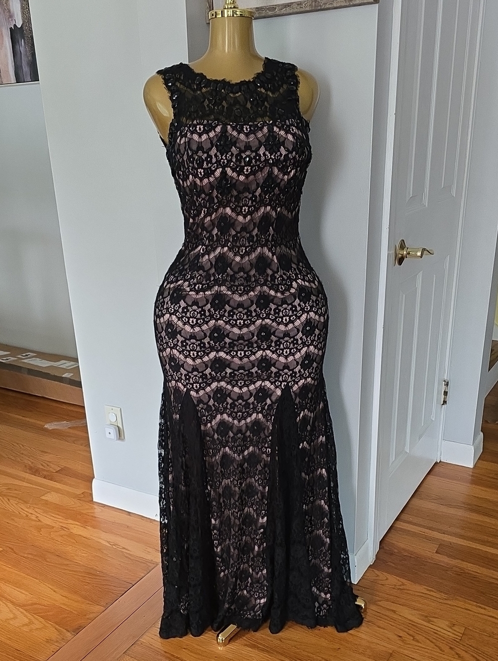 Betsy & Adam Black Lace Maxi with Blush Underlay